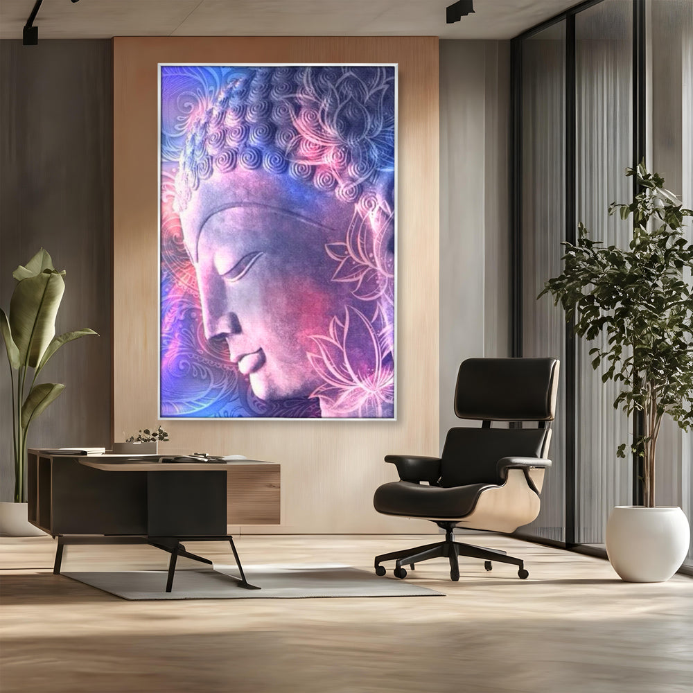 Tablou canvas cu tablou vertical cu profil de buddha, in rama de aluminiu argintiu, pe perete intr-un birou